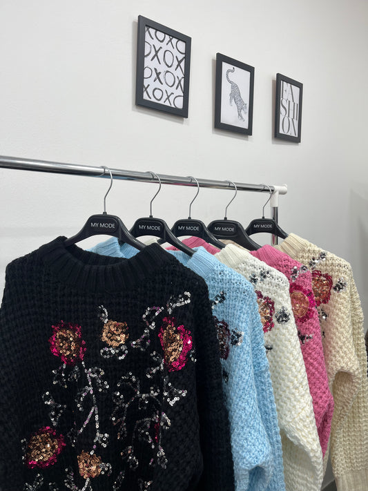 Maglione Paillettes Ricamato Celeste