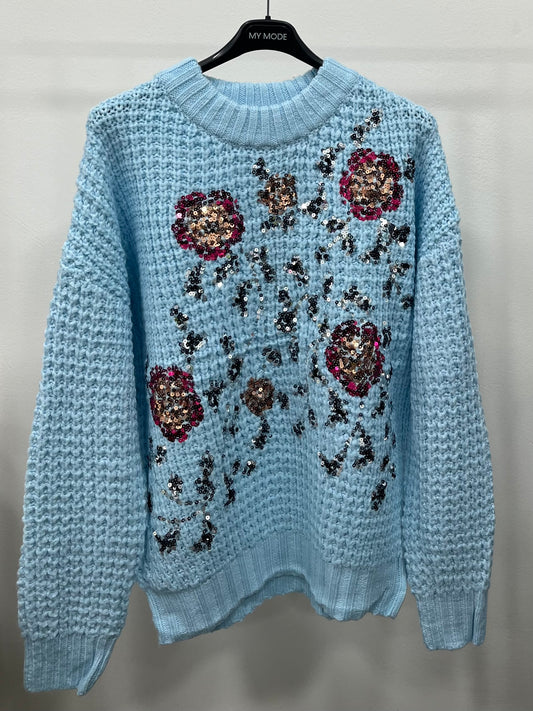 Maglione Paillettes Ricamato Celeste