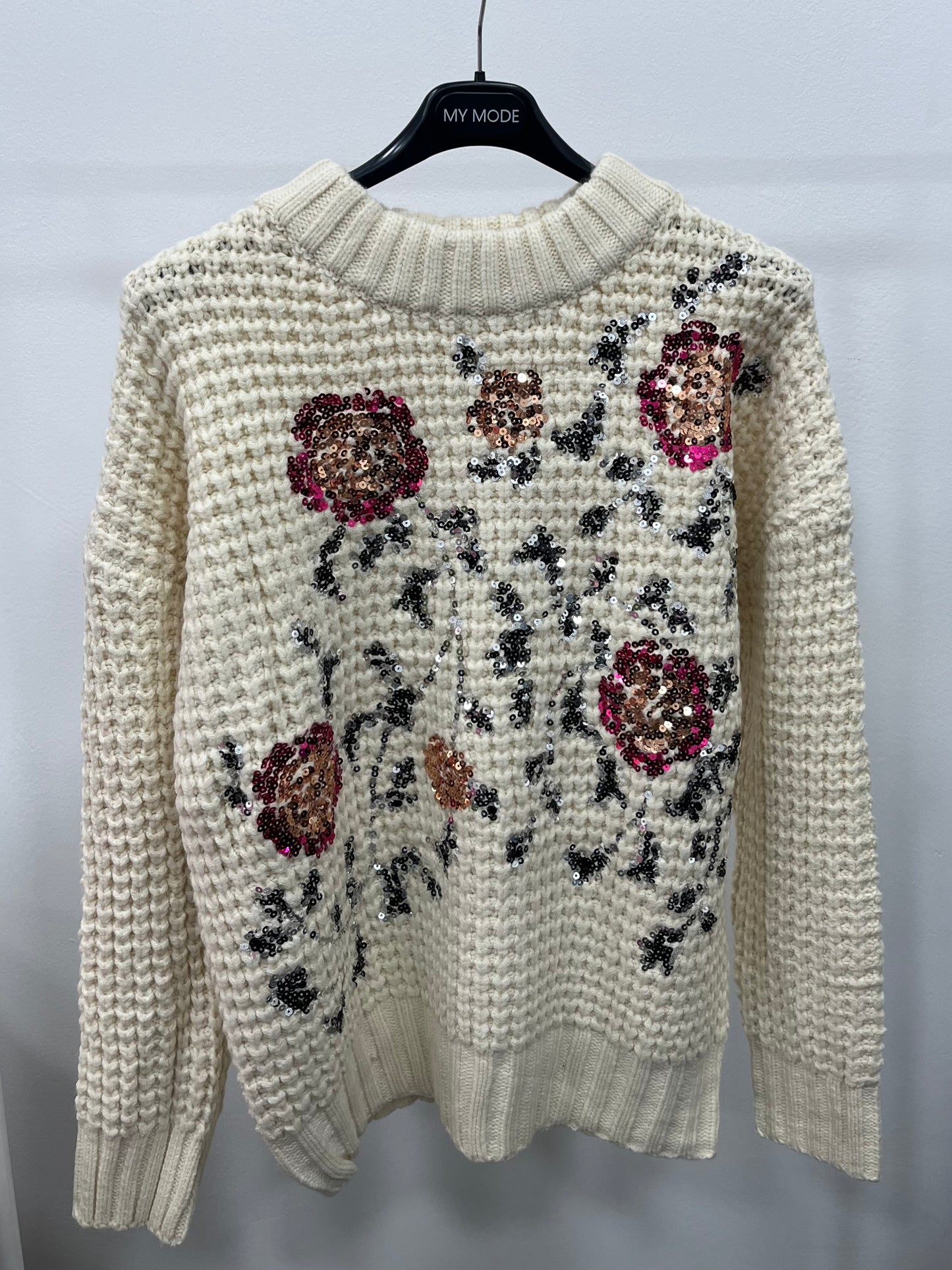 Maglione Paillettes Ricamato Beige
