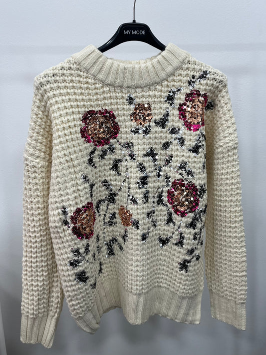Maglione Paillettes Ricamato Beige