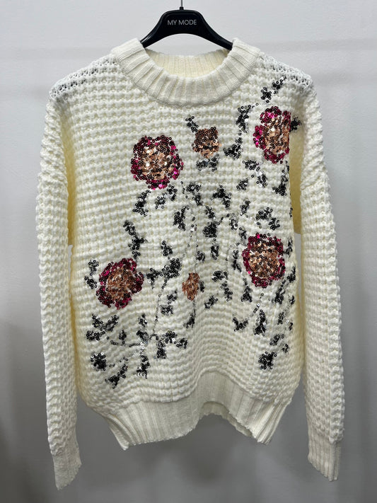 Maglione Paillettes Ricamato Bianco