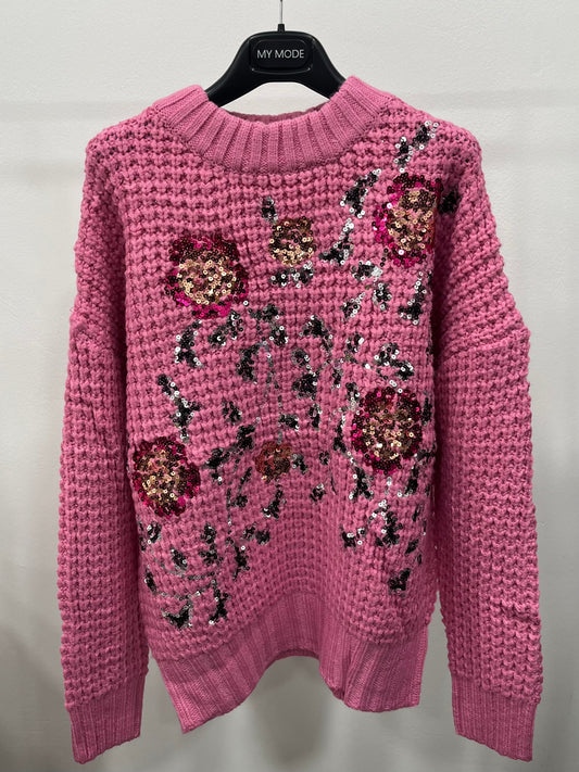 Maglione Paillettes Ricamato Rosa
