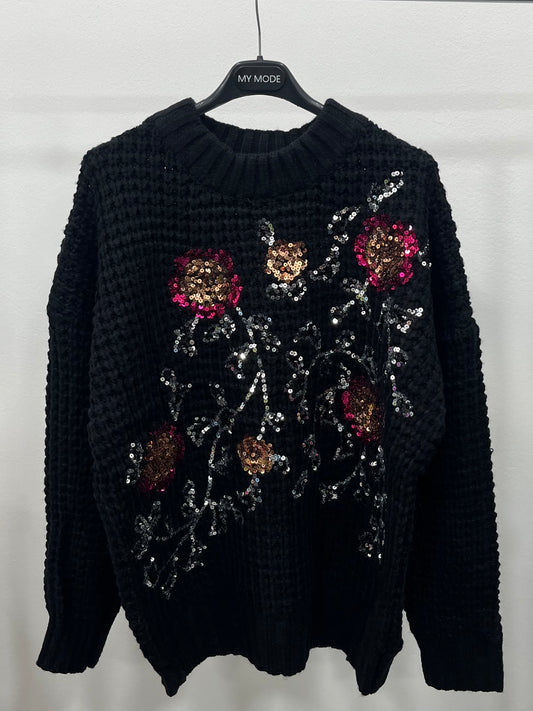 Maglione Paillettes Ricamato Nero