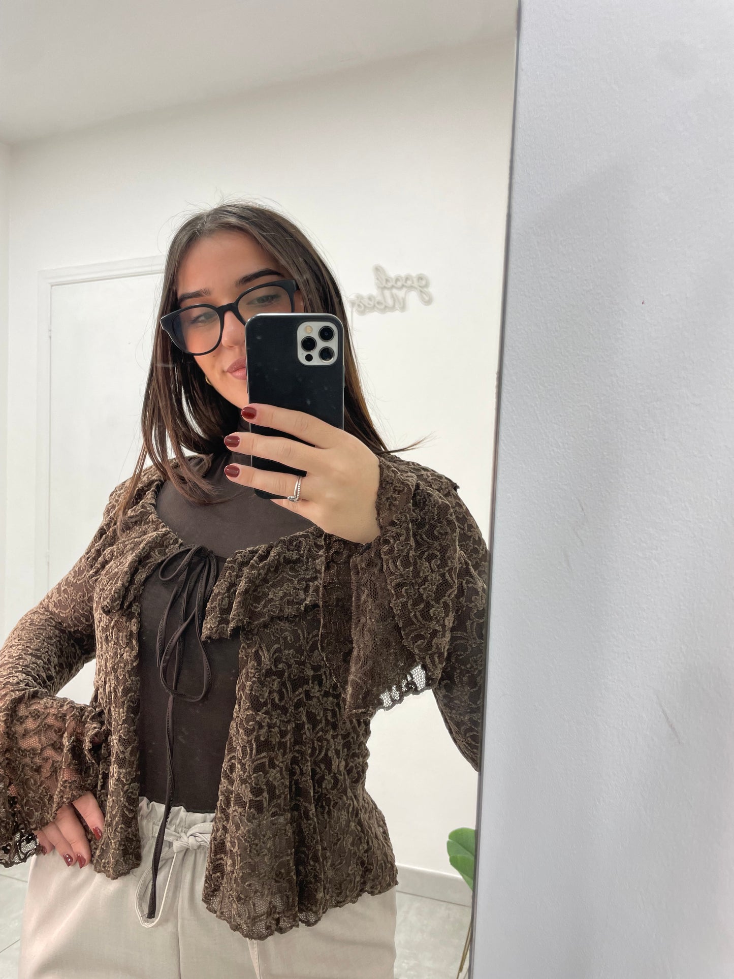 Cardigan Pizzo Marrone